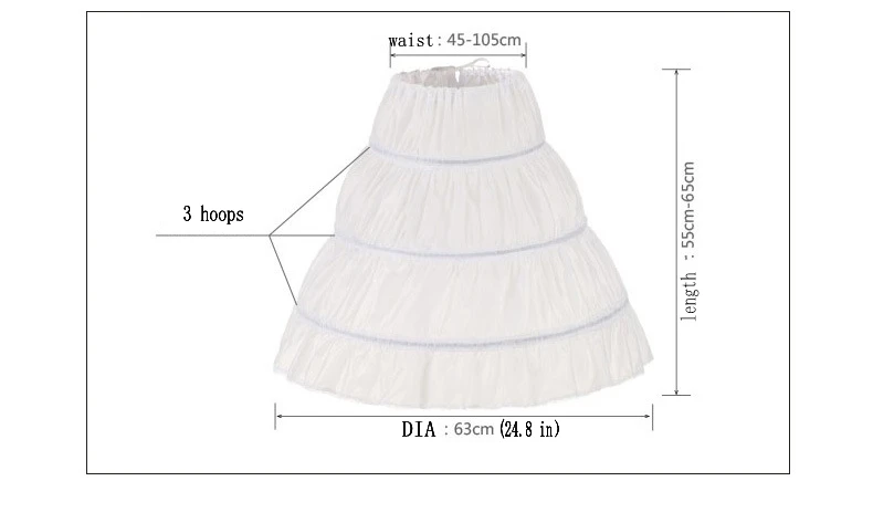 White Child Petticoat A-Line 3 Hoops One Layer Kids Crinoline Lace Trim Flower Girl Dress Underskirt Elastic Waist for Children
