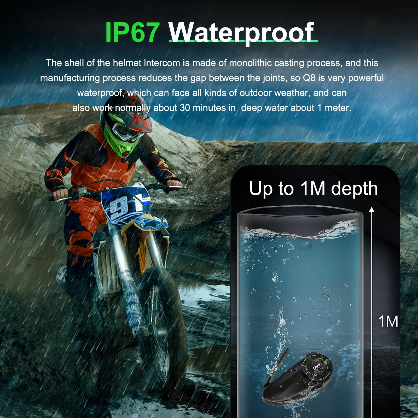 EJEAS Q8 Bluetooth 5.1 Motorcycle Helmet Headset Intercom, with EUC Remote Walkie Talkie, for 6 Riders Talking At Real Time IP67