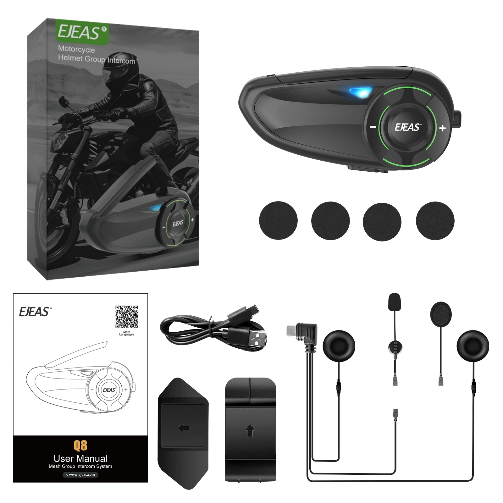 EJEAS Q8 Bluetooth 5.1 Motorcycle Helmet Headset Intercom, with EUC Remote Walkie Talkie, for 6 Riders Talking At Real Time IP67