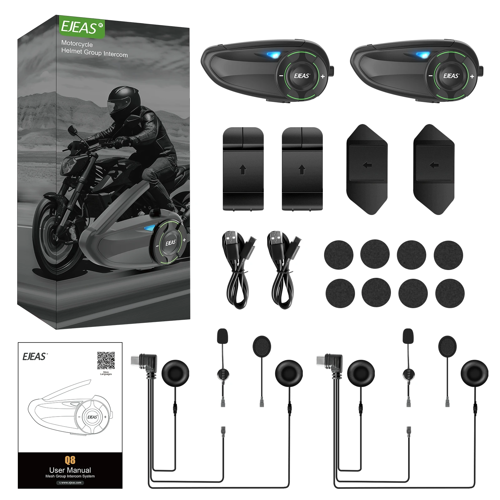 EJEAS Q8 Bluetooth 5.1 Motorcycle Helmet Headset Intercom, with EUC Remote Walkie Talkie, for 6 Riders Talking At Real Time IP67
