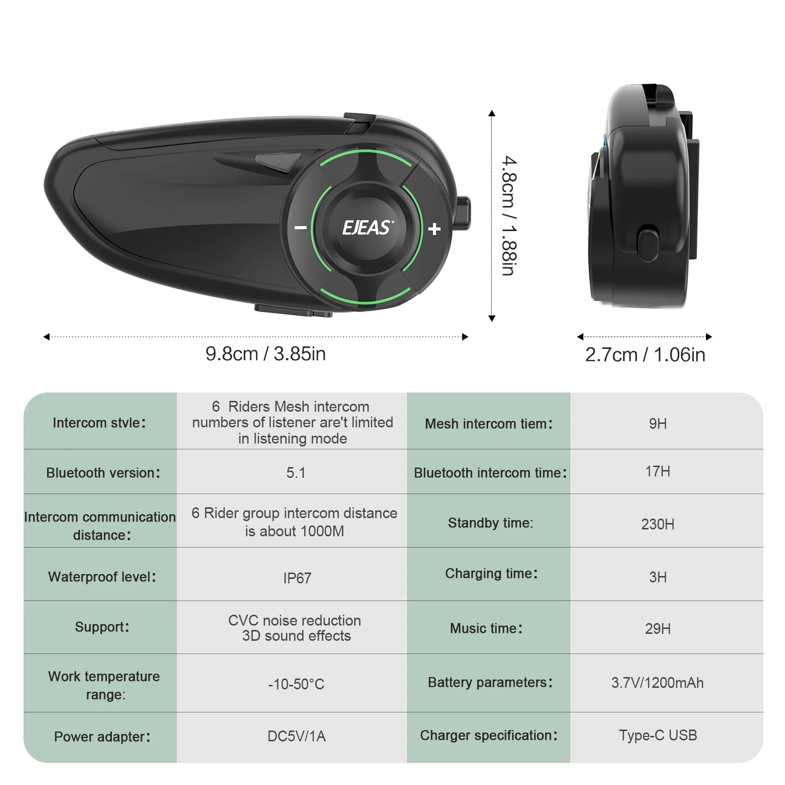 EJEAS Q8 Bluetooth 5.1 Motorcycle Helmet Headset Intercom, with EUC Remote Walkie Talkie, for 6 Riders Talking At Real Time IP67