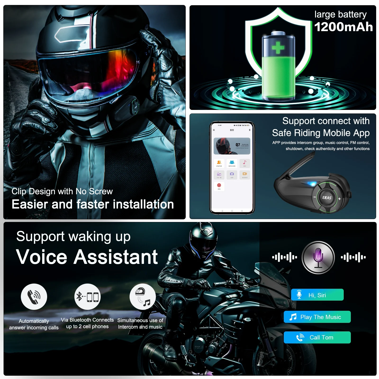 EJEAS Q8 Bluetooth 5.1 Motorcycle Helmet Headset Intercom, with EUC Remote Walkie Talkie, for 6 Riders Talking At Real Time IP67