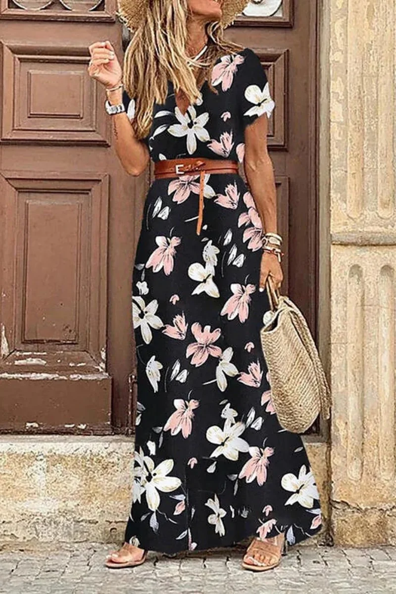Elegant Floral Pleated H Shaped Midi Dress Female V Neck Puff Sleeve Waist Ruched Button Dresses Women Summer Dress Robe