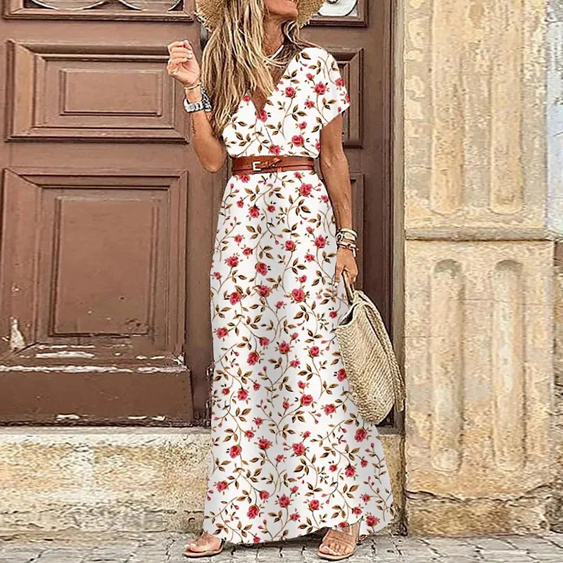 Elegant Floral Pleated H Shaped Midi Dress Female V Neck Puff Sleeve Waist Ruched Button Dresses Women Summer Dress Robe