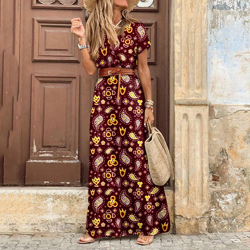 Elegant Floral Pleated H Shaped Midi Dress Female V Neck Puff Sleeve Waist Ruched Button Dresses Women Summer Dress Robe