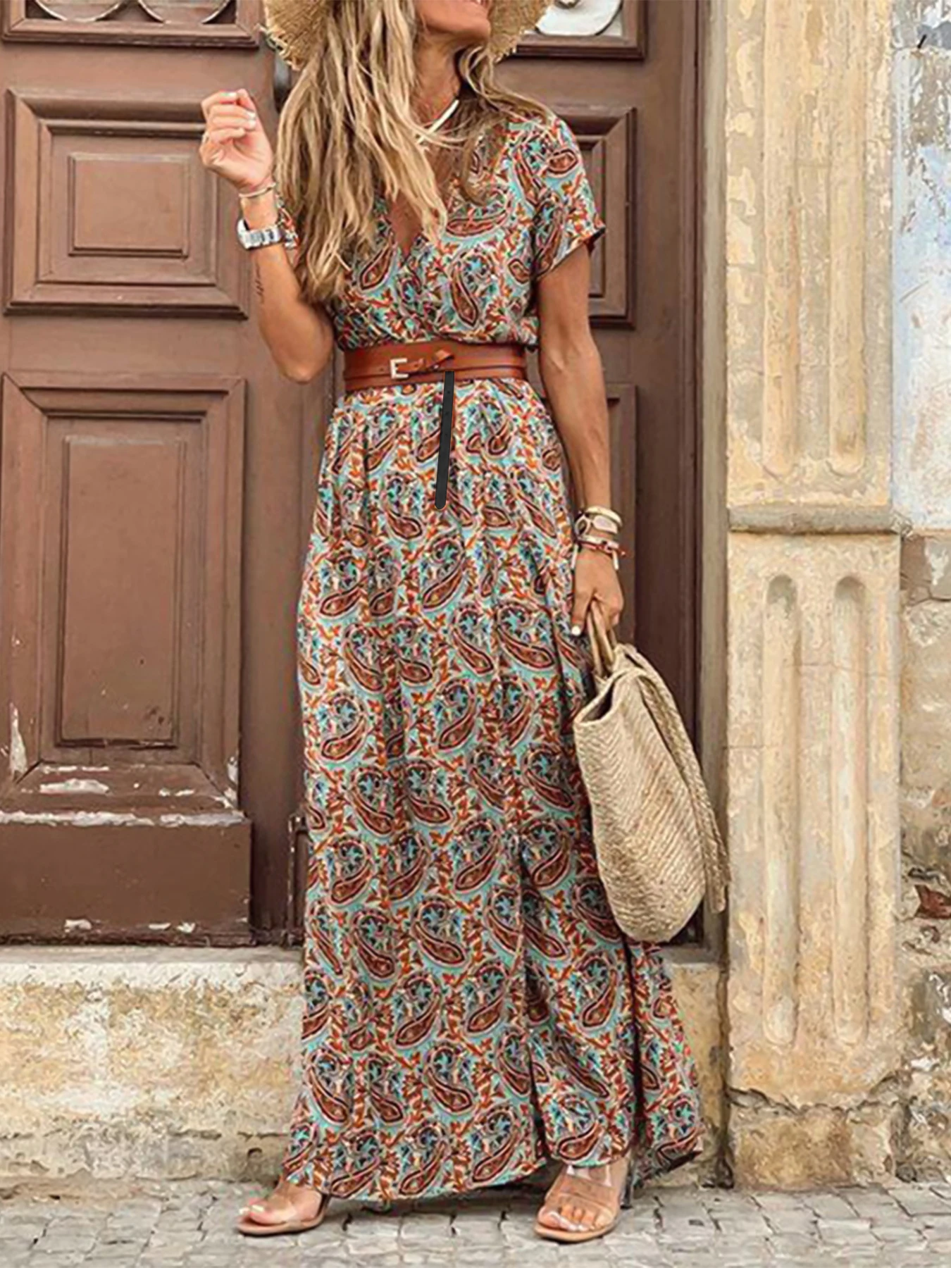 Elegant Floral Pleated H Shaped Midi Dress Female V Neck Puff Sleeve Waist Ruched Button Dresses Women Summer Dress Robe