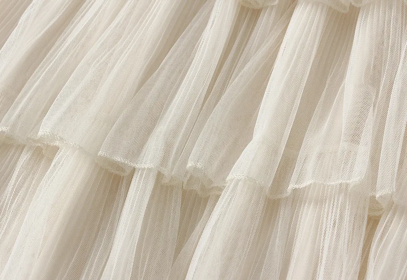 Beiyingni Woman Mesh Long Midi Cake Skirt Solid Color Elegant French Tiered Fairy Tulle Skirts Khaki Casual High Waist Faldas