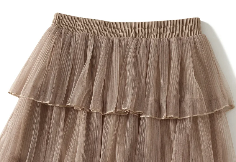 Beiyingni Woman Mesh Long Midi Cake Skirt Solid Color Elegant French Tiered Fairy Tulle Skirts Khaki Casual High Waist Faldas