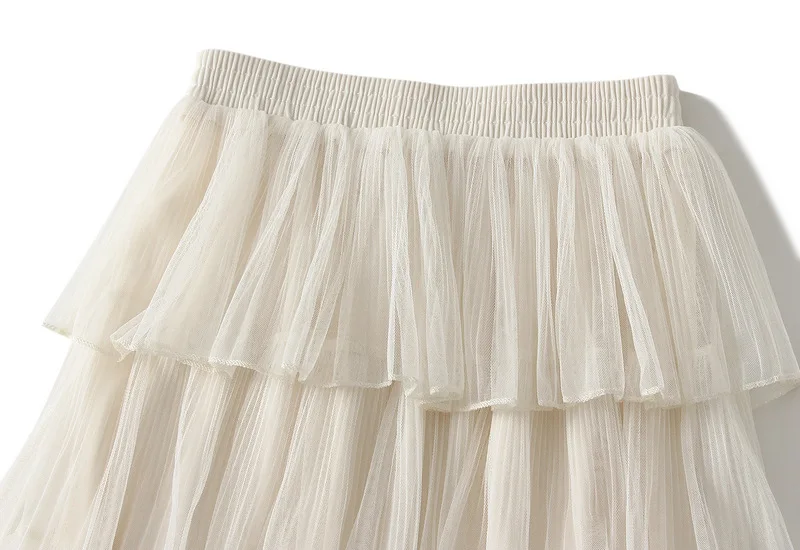 Beiyingni Woman Mesh Long Midi Cake Skirt Solid Color Elegant French Tiered Fairy Tulle Skirts Khaki Casual High Waist Faldas