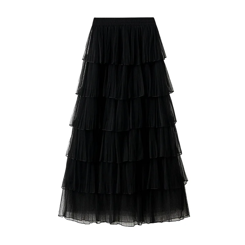 Beiyingni Woman Mesh Long Midi Cake Skirt Solid Color Elegant French Tiered Fairy Tulle Skirts Khaki Casual High Waist Faldas