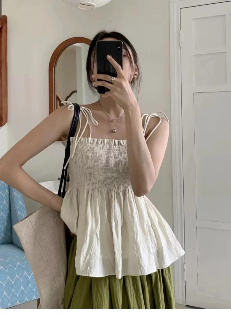 Sexy Tank Top Bow Halter Crop Tops Women Summer Folds Camis Backless Camisole Casual Bandage Tee Female Sleeveless Cropped Vest