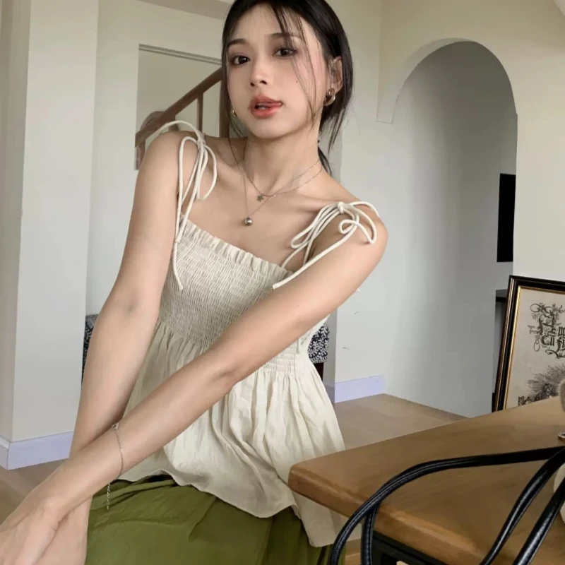 Sexy Tank Top Bow Halter Crop Tops Women Summer Folds Camis Backless Camisole Casual Bandage Tee Female Sleeveless Cropped Vest