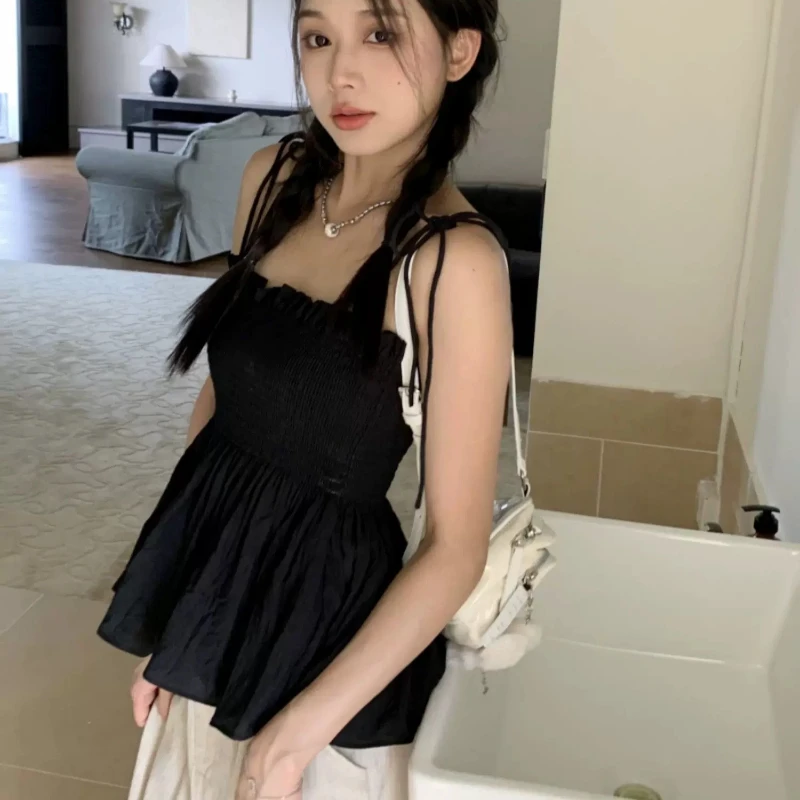 Sexy Tank Top Bow Halter Crop Tops Women Summer Folds Camis Backless Camisole Casual Bandage Tee Female Sleeveless Cropped Vest