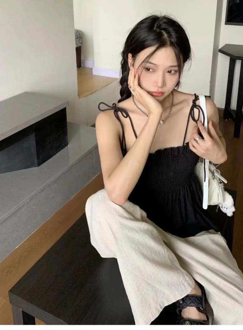 Sexy Tank Top Bow Halter Crop Tops Women Summer Folds Camis Backless Camisole Casual Bandage Tee Female Sleeveless Cropped Vest