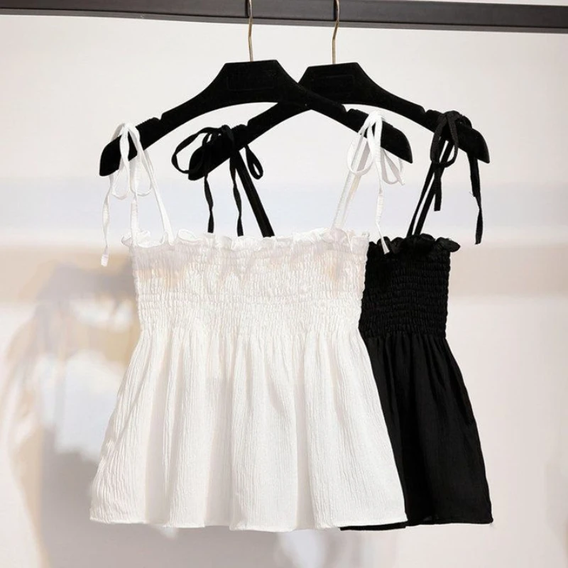 Sexy Tank Top Bow Halter Crop Tops Women Summer Folds Camis Backless Camisole Casual Bandage Tee Female Sleeveless Cropped Vest
