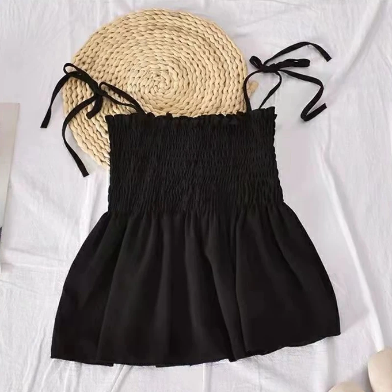 Sexy Tank Top Bow Halter Crop Tops Women Summer Folds Camis Backless Camisole Casual Bandage Tee Female Sleeveless Cropped Vest