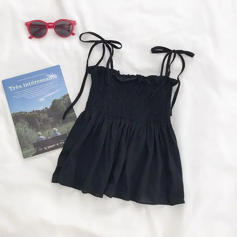 Sexy Tank Top Bow Halter Crop Tops Women Summer Folds Camis Backless Camisole Casual Bandage Tee Female Sleeveless Cropped Vest