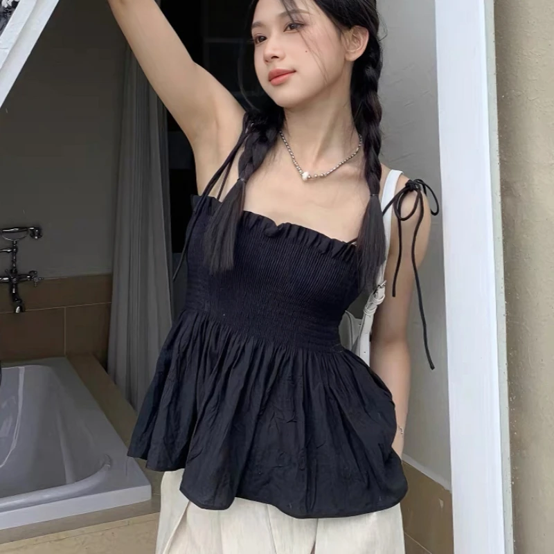 Sexy Tank Top Bow Halter Crop Tops Women Summer Folds Camis Backless Camisole Casual Bandage Tee Female Sleeveless Cropped Vest