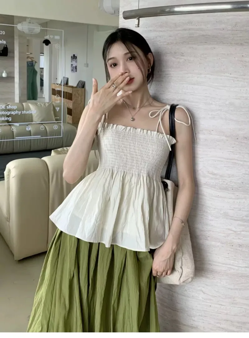 Sexy Tank Top Bow Halter Crop Tops Women Summer Folds Camis Backless Camisole Casual Bandage Tee Female Sleeveless Cropped Vest