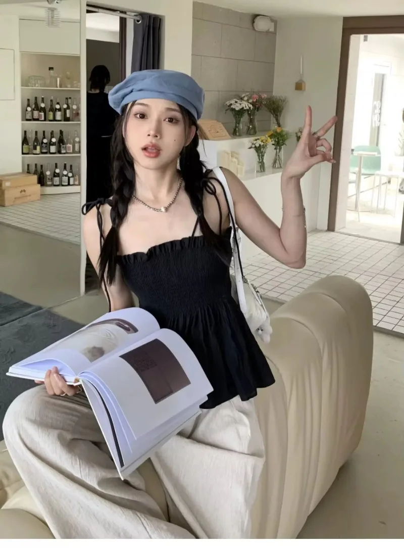 Sexy Tank Top Bow Halter Crop Tops Women Summer Folds Camis Backless Camisole Casual Bandage Tee Female Sleeveless Cropped Vest