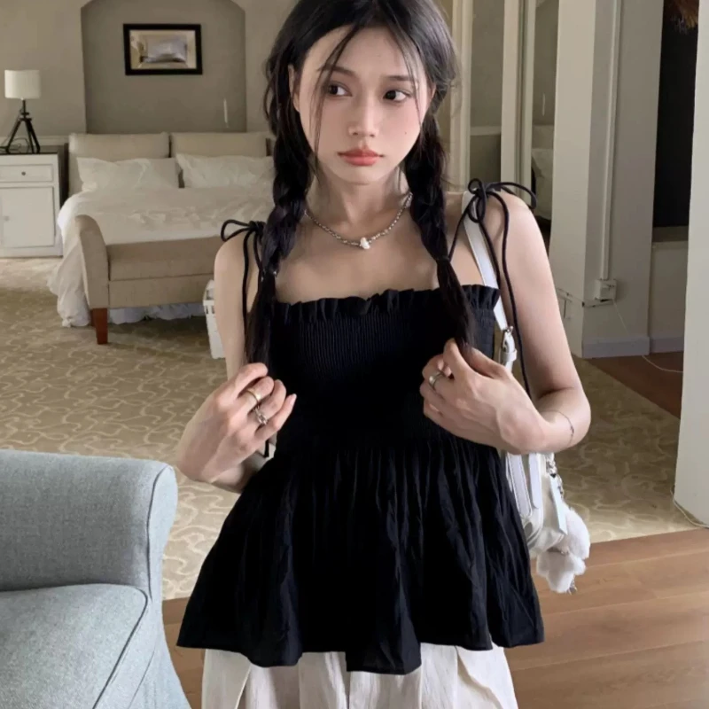 Sexy Tank Top Bow Halter Crop Tops Women Summer Folds Camis Backless Camisole Casual Bandage Tee Female Sleeveless Cropped Vest