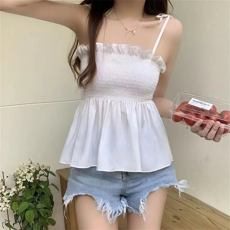 Sexy Tank Top Bow Halter Crop Tops Women Summer Folds Camis Backless Camisole Casual Bandage Tee Female Sleeveless Cropped Vest