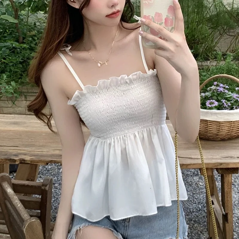 Sexy Tank Top Bow Halter Crop Tops Women Summer Folds Camis Backless Camisole Casual Bandage Tee Female Sleeveless Cropped Vest