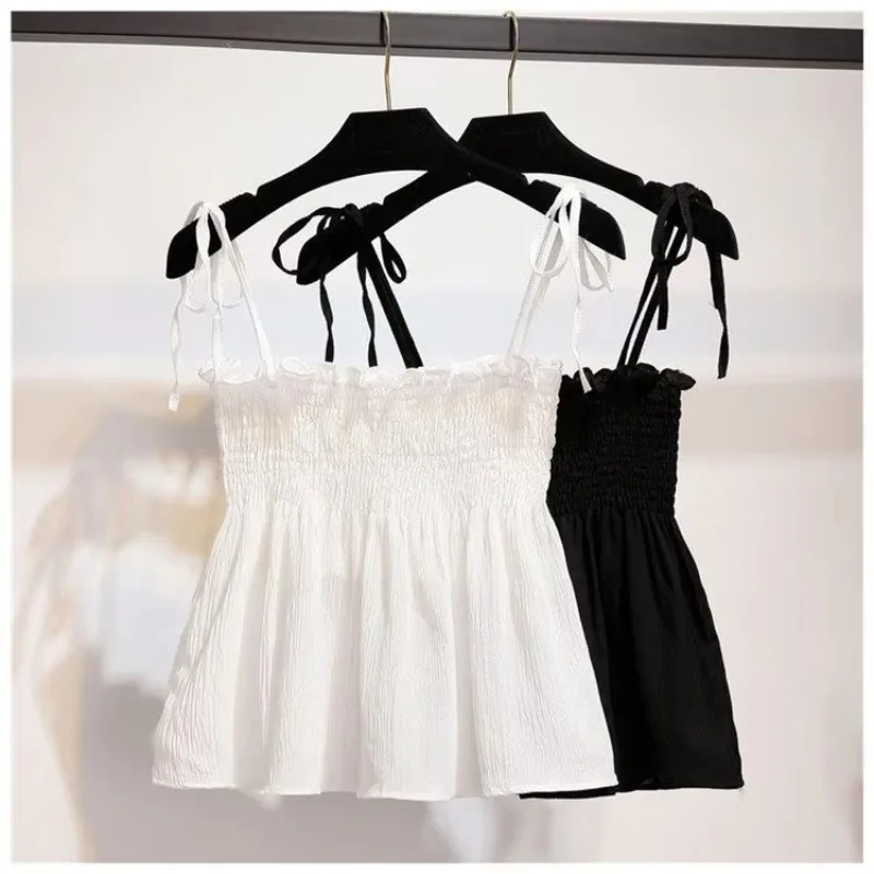 Sexy Tank Top Bow Halter Crop Tops Women Summer Folds Camis Backless Camisole Casual Bandage Tee Female Sleeveless Cropped Vest