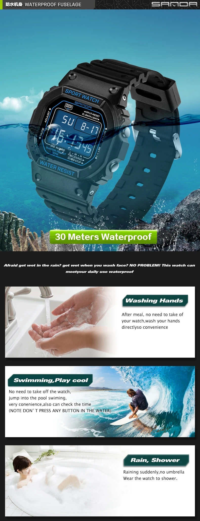 SANDA Digital Watch Men Waterproof 30M Watch LED Men's Sport G Style Watch Mens Top Brand Military Watches Relogio Masculino