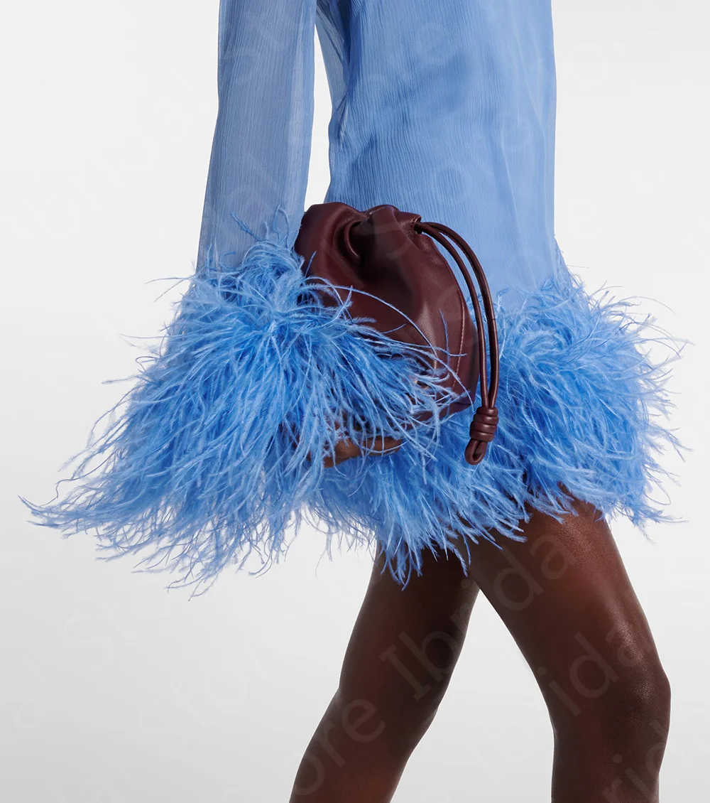 Latest Sky Blue Cocktail Party Dresses Mini Length Feather Dress Homecoming Dresses Long Sleeves Wedding Guest Gowns High Neck