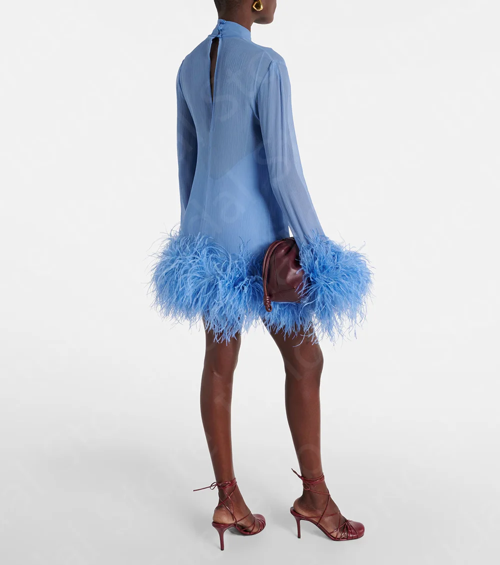 Latest Sky Blue Cocktail Party Dresses Mini Length Feather Dress Homecoming Dresses Long Sleeves Wedding Guest Gowns High Neck
