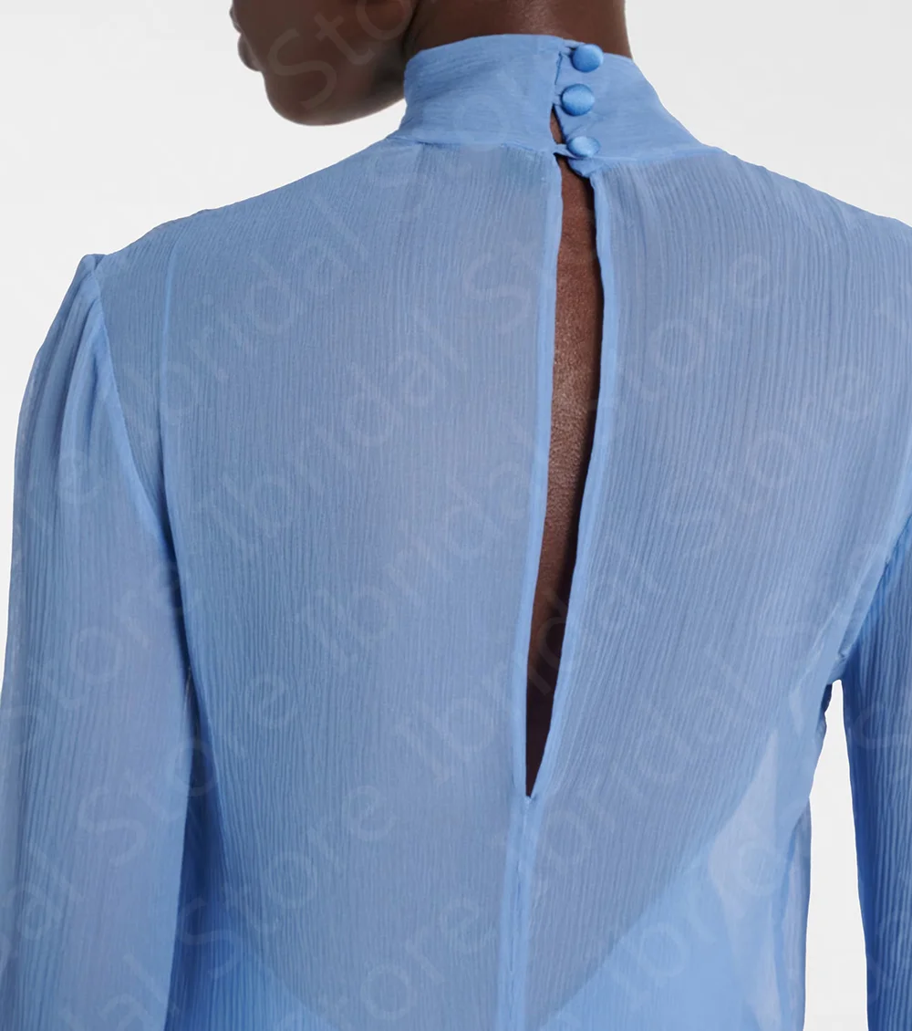 Latest Sky Blue Cocktail Party Dresses Mini Length Feather Dress Homecoming Dresses Long Sleeves Wedding Guest Gowns High Neck