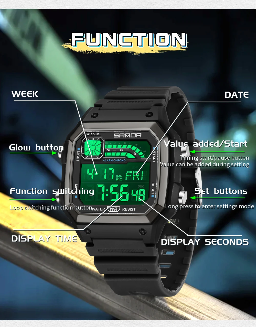 SANDA Outdoor Sport Electronic Chronograph Watch Men Multifunction Watches Alarm Clock Chrono Waterproof LED Digital Wrist Watch