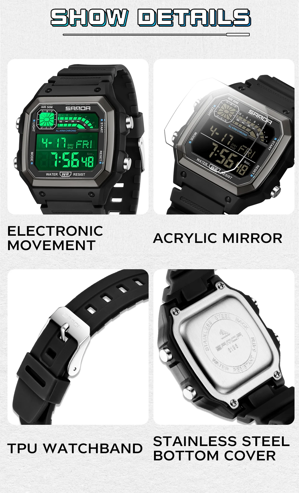 SANDA Outdoor Sport Electronic Chronograph Watch Men Multifunction Watches Alarm Clock Chrono Waterproof LED Digital Wrist Watch