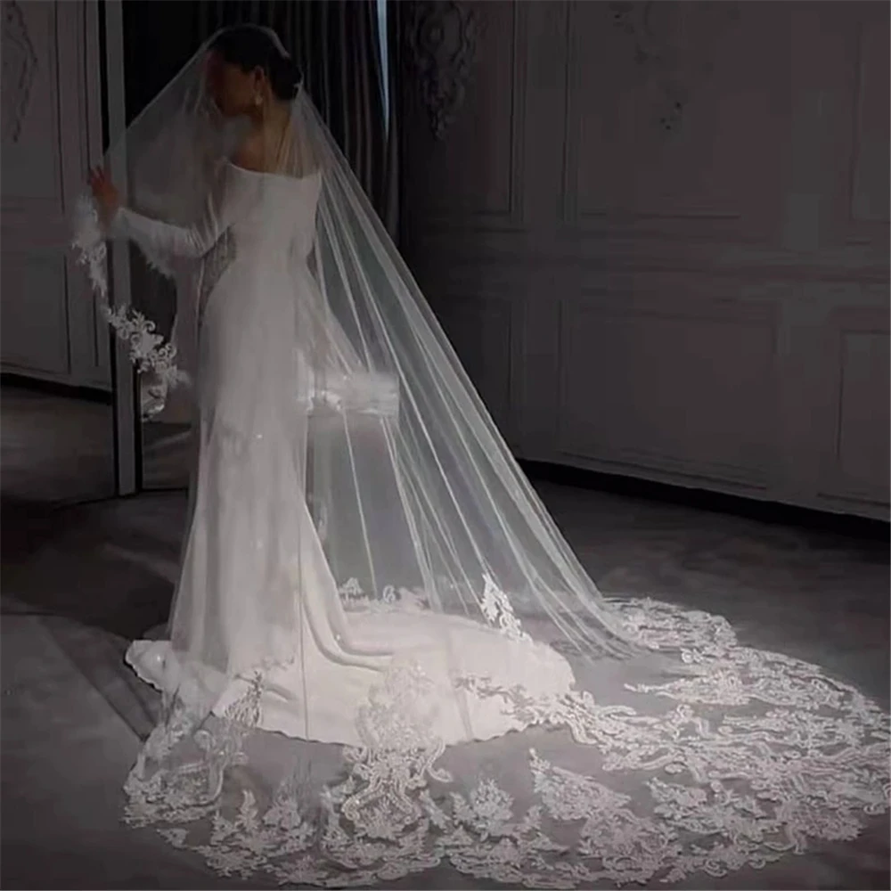 White Ivory 3M Wedding Veil 3M Long Soft Tulle Royal Bridal Veil with Comb Bling Sequins Lace Scalloped Veil Wedding Accessories