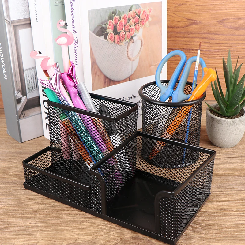 Desk Stationery Organizer Creative Metal Pen Holder Pencil File Storage Rack 3 Grid Storage Box Office Desktop Accessories