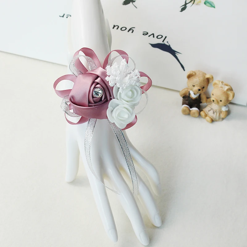 Set of 6 Royal Blue Pink Wrist Corsages Flowers for Wedding Prom Bridal Bridesmaid Girl Mother Women Rose Bracelet Hand Flowers