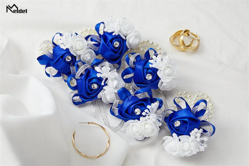 Set of 6 Royal Blue Pink Wrist Corsages Flowers for Wedding Prom Bridal Bridesmaid Girl Mother Women Rose Bracelet Hand Flowers