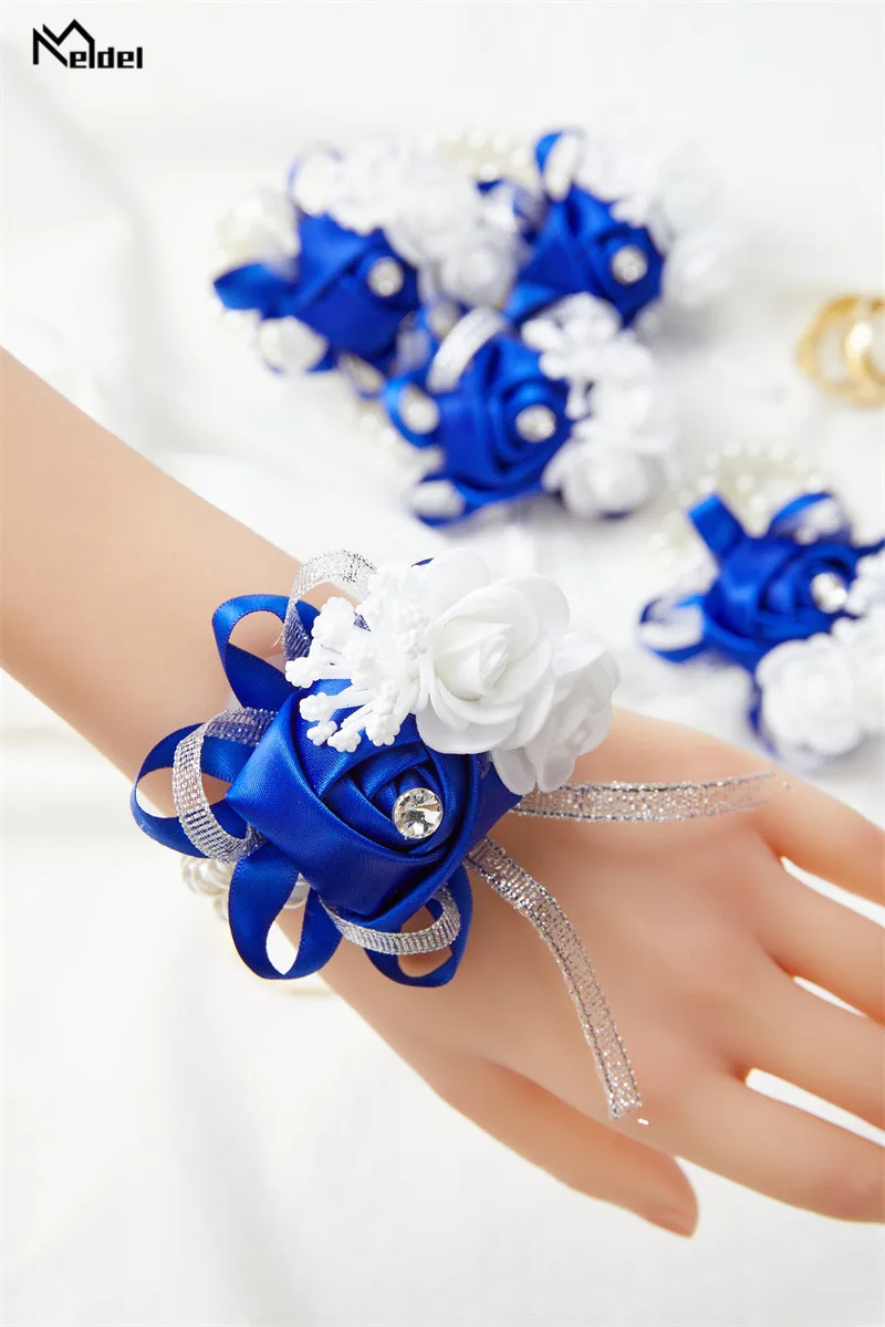 Set of 6 Royal Blue Pink Wrist Corsages Flowers for Wedding Prom Bridal Bridesmaid Girl Mother Women Rose Bracelet Hand Flowers