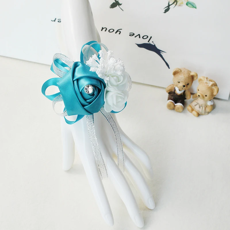 Set of 6 Royal Blue Pink Wrist Corsages Flowers for Wedding Prom Bridal Bridesmaid Girl Mother Women Rose Bracelet Hand Flowers