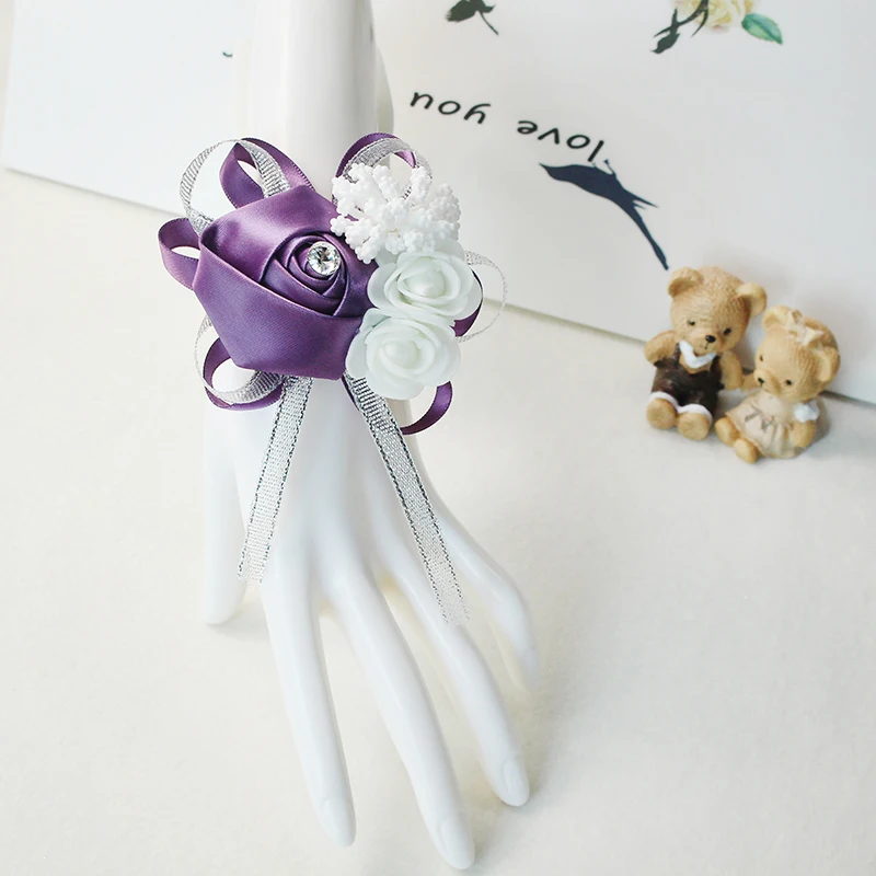 Set of 6 Royal Blue Pink Wrist Corsages Flowers for Wedding Prom Bridal Bridesmaid Girl Mother Women Rose Bracelet Hand Flowers