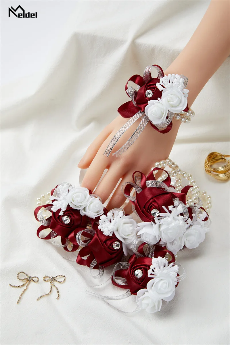 Set of 6 Royal Blue Pink Wrist Corsages Flowers for Wedding Prom Bridal Bridesmaid Girl Mother Women Rose Bracelet Hand Flowers