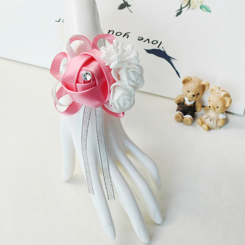 Set of 6 Royal Blue Pink Wrist Corsages Flowers for Wedding Prom Bridal Bridesmaid Girl Mother Women Rose Bracelet Hand Flowers