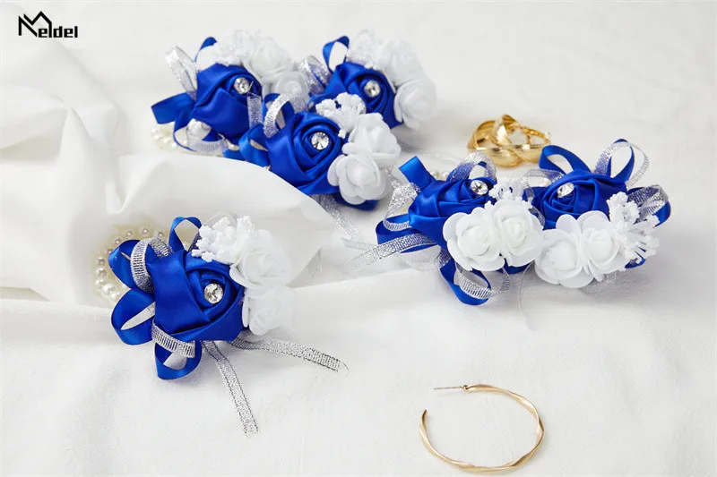 Set of 6 Royal Blue Pink Wrist Corsages Flowers for Wedding Prom Bridal Bridesmaid Girl Mother Women Rose Bracelet Hand Flowers