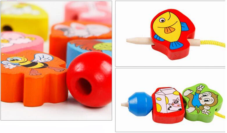 26pcs Wooden Toys Baby DIY Toy Cartoon Fruit Animal Stringing Threading Wooden beads Toy Monterssori Educational for Kids GYH