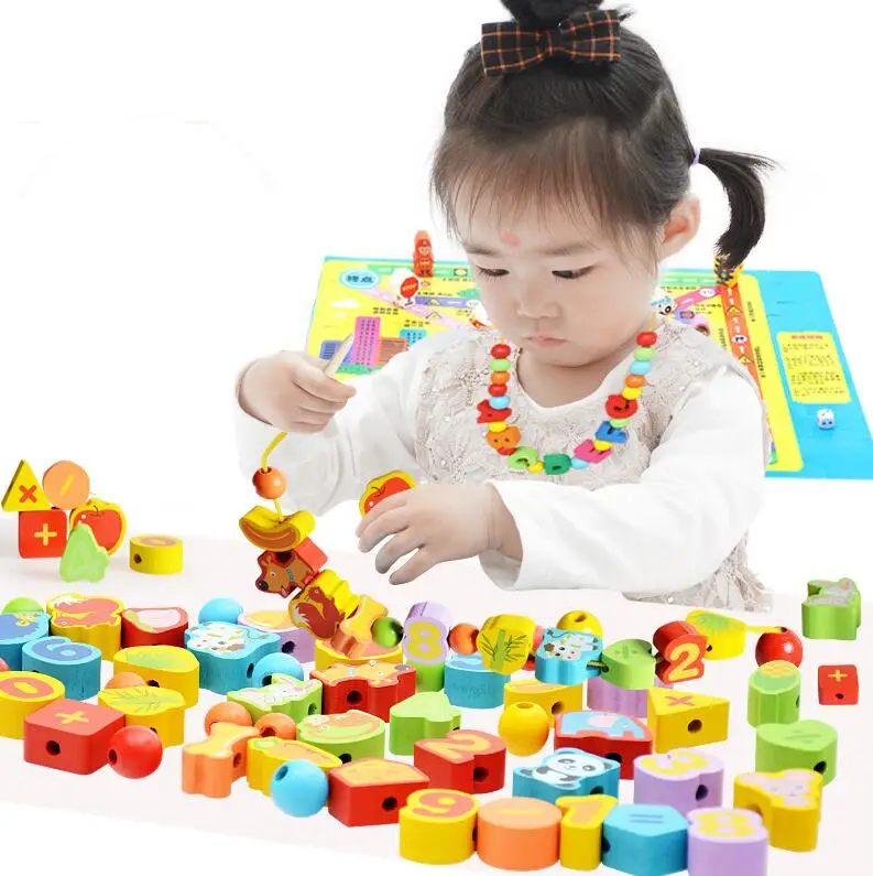 26pcs Wooden Toys Baby DIY Toy Cartoon Fruit Animal Stringing Threading Wooden beads Toy Monterssori Educational for Kids GYH