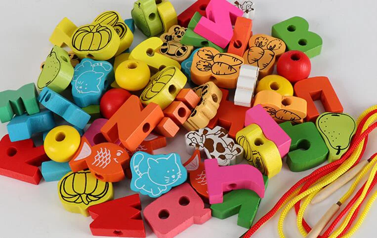 26pcs Wooden Toys Baby DIY Toy Cartoon Fruit Animal Stringing Threading Wooden beads Toy Monterssori Educational for Kids GYH