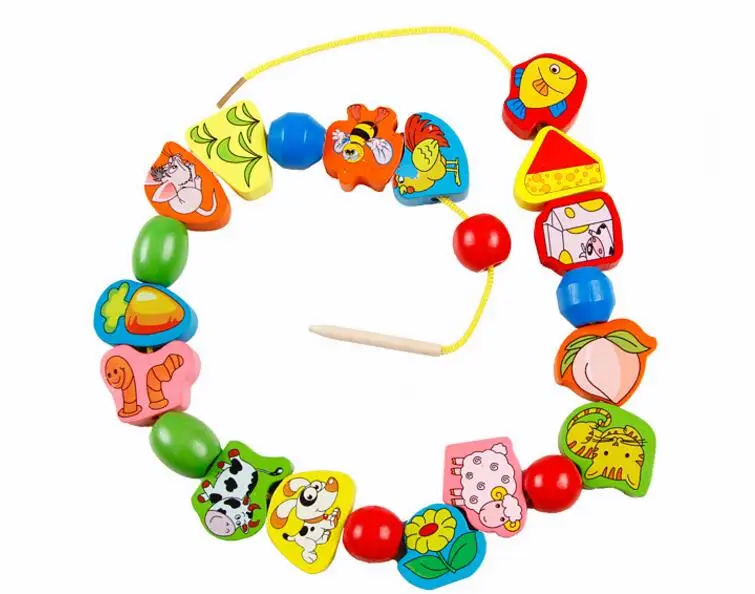 26pcs Wooden Toys Baby DIY Toy Cartoon Fruit Animal Stringing Threading Wooden beads Toy Monterssori Educational for Kids GYH