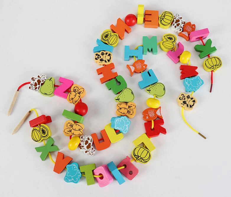 26pcs Wooden Toys Baby DIY Toy Cartoon Fruit Animal Stringing Threading Wooden beads Toy Monterssori Educational for Kids GYH
