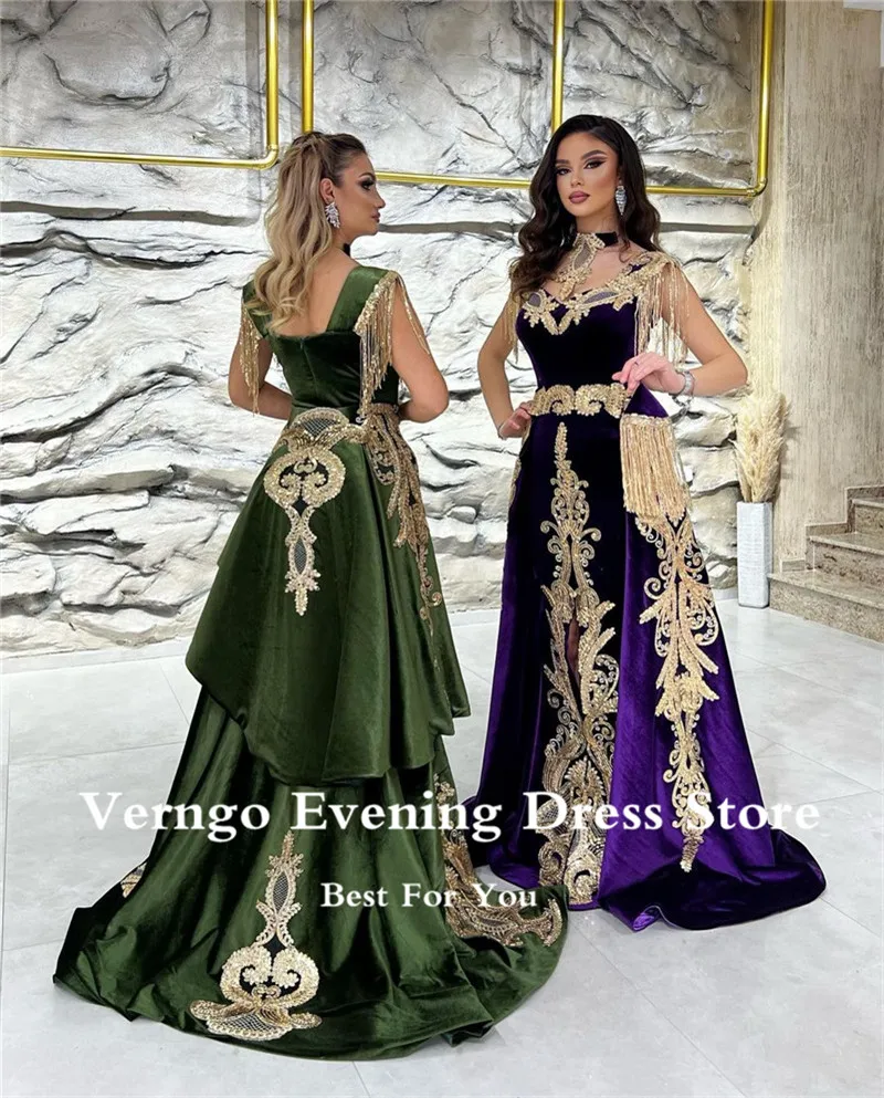 Verngo New Moroccan Kaftan Velvet Evening Dress Detachable Train Purple Applique Long Prom Gowns Karakou Formal Gown customized